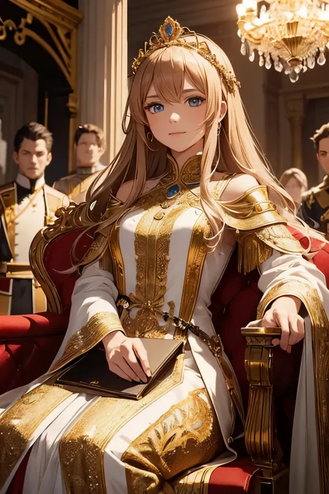 a girl with a crown, sitting on a throne, surrounded by loyal soldiers, holding a map and giving orders. The girl has beautiful detailed eyes, a confident smile, and is wearing a regal dress. The throne is made of gold and adorned with intricate carvings. ...