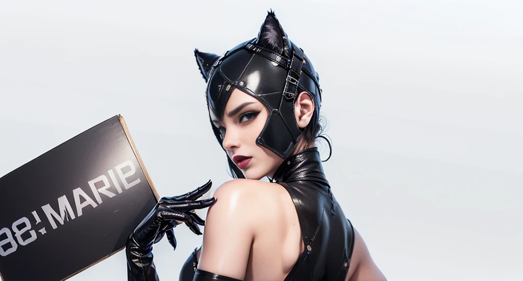 bare back woman, wearing the black leather jacket, has attractive curves, holding a sign, and wearing a catwoman mask.., cat wom...