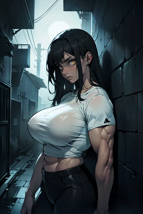 (((girl muscular))) ((toned body huge breasts)) pale skin black hair yellow eyes dark atmosphere sad sad sad thick thick thick sad dark dark tight shirt dark atmosphere dark atmosphere dark atmosphere dark atmosphere creepy