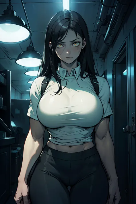 (((girl muscular))) ((toned body huge breasts)) pale skin black hair yellow eyes dark atmosphere sad sad sad thick thick thick s...