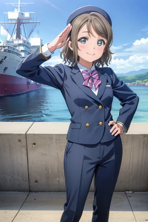 (((pixel perfect, Detail Perfect))), well-drawn hands, Solo, 1girl in, Watanabe, , bowtie, Looking at Viewer, a smile，captain suit，slacks，Leather shoes，Captains hat，Left hand salute，Right hand on hip，harbour，Background with(Ships at anchor)