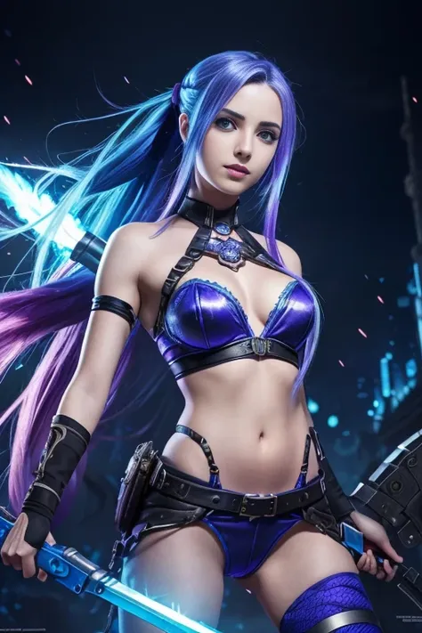 (Jinx,League of Legends heroeest quality, indigo hair, official art, 8k wallpaper, highly detailed, illustration, detailed eyes, pretty jinx with weapon in hand, full body,Wearing a lot of clothes，Holding weapons in hand, emitting blue light, in battle, co...