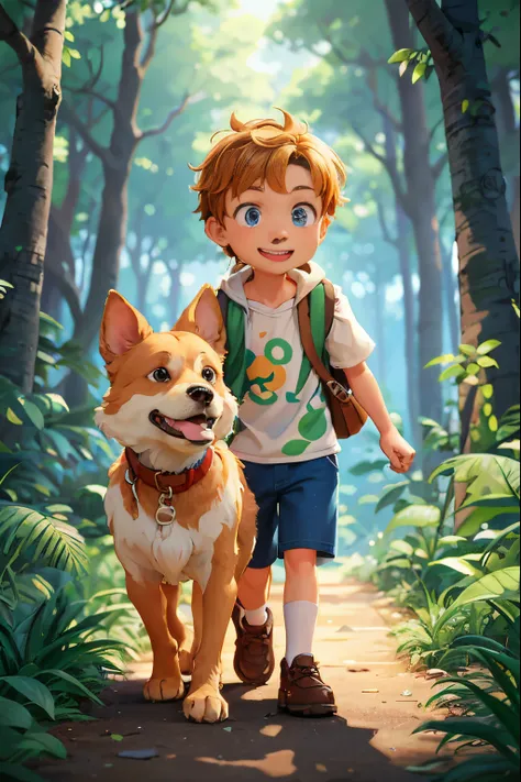 there  a boy and a dog walking in the woods, childrens art in artstation, in style of disney animation, animated movie, animated film, adorable digital painting, cartoon style illustration, concept art of single boy, scout boy, cute detailed digital art, o...