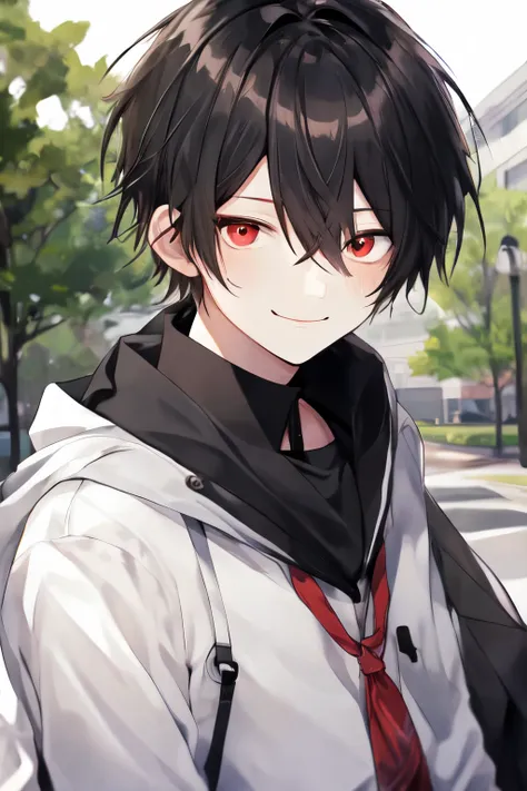 a 16-year-old ua high school student with black hair and red eyes and white skin with a smile on his face outside ua.