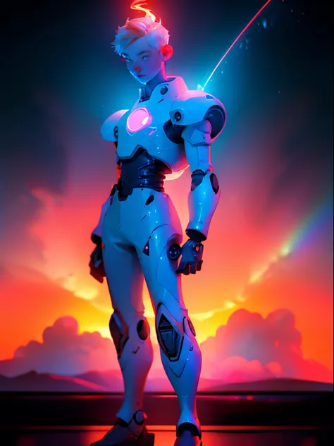 a young boy standing next to a cute robot in the city, a straight rainbow in the background , Surrounded by lightning, standing at front, super detailed, Realistic, shiny, Reflective, bio luminescent, Glowing red, Full body, movie, Backlight , aura circle