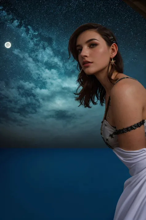 arafed woman in a white dress looking at the sky with a full moon in the background, stars in her gazing eyes, girl looks at the space, in front of a big moon, moonlit, looking at the moon, dua lipa, with full moon in the sky, in the moonlight, astrophotog...