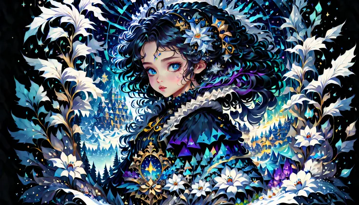 Epic Alice-Wonderland inspired illustration theme snowy winter cityscape, Enchanting beauty pure snowflake cute Alice and snowflake hair accessories, Rich luster and shine、Fluffy hair, big beatiful eyes, In the style of eternal fantasy, intricate detailes,...