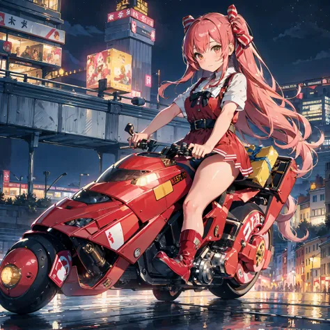 ultra-detailliert, Aesthetic, masutepiece, of the highest quality, Realistic, One Woman, Christmas costumes, Short dress, Long hair, Pink hair, Striped hair, Brown eyes, Hair Ribbon, Red Akira Bike, riding a bike, Night, Christmas Cityscape, illumination, ...