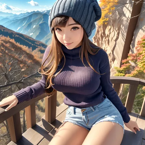 realisticlying、Switzerland、23 year old girl、Wearing a knitted hat、Wearing a green tight-fitting knit sweater、Wearing shorts、Sexy pose breasts greatly emphasized cleavage、From the top of the mountain with beautiful autumn leaves々View --auto --s2