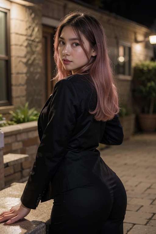 ((best quality)), ((masterpiece)), (detailed), perfect face, fujifilm, dim light, 18 years old, in home, cute face, round ass , medium boobs, slim body,  asian girl,  pink slightly faded hair, black eyes, beautiful, instagram model pose, night view, black ...