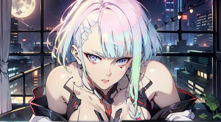Cyberpunk room, room in cyberpunk style, Large window, luna, night city,