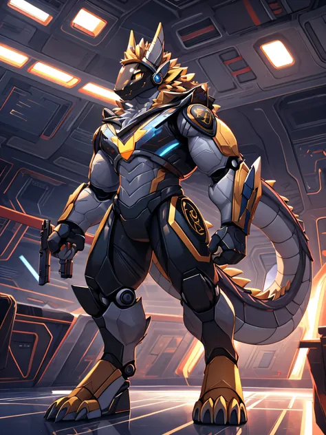 furry,bara,a dragon,golden eyes,muscular,wear a robot island suit..,both hands hold guns..,standing in a broken spaceship,turn t...