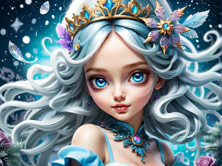 Winter epic wonderland illustration, Aerial view enchanting beauty cute Alice with snowflake hair accessory, Rich luster and shine、Fluffy hair, big beatiful eyes, center position from the back, In the style of eternal fantasy, intricate detailes, hightqual...