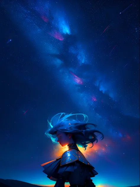 a girl with blue hair and yellow dress armor, walking in the stars, rainbow colored cosmic nebula background, stars, galaxies expansive landscape photograph of Yosemite, a girl running through a field looking up,