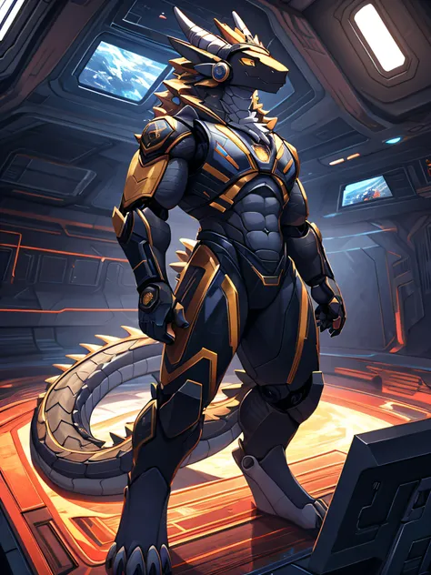 furry,bara,a dragon,golden eyes,muscular,wear a robot island suit..,both hands hold guns..,standing in a broken spaceship,turn t...