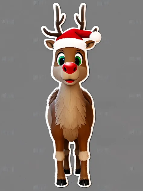 Reindeer wearing santa hat and nose on gray background, cute reindeer，3d