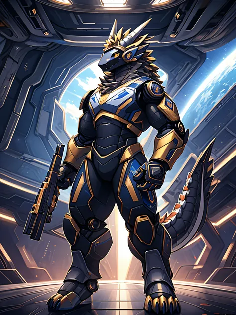 furry,bara,a dragon,golden eyes,muscular,Wear a robot island suit..,Both hands hold guns..,Standing in a broken spaceship,Turn to look at the listener,Maximum image resolution,detailed texture, hyper-realistic texture,body&#39;Has a detailed, sharp pattern...