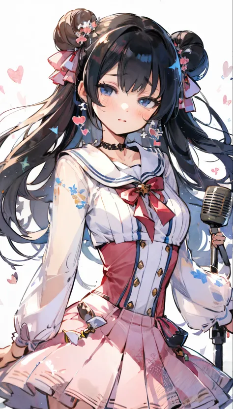 High-quality Pixiv illustrations in Japanese anime style with clear line drawings, Transparent watercolor, and clear shading, Wearing a sophisticated pink sailor suit、Features a beautiful young woman with low black twintails。, Holding a microphone. She str...