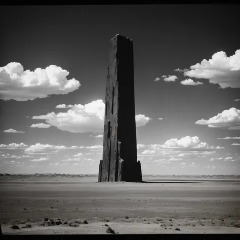 Gigantic black monolith in far far distance in a desert standing higher than the clouds, 1970s existential dread Stanley kubrik style 2002 a space Odyssey Esq grainy retro camera style