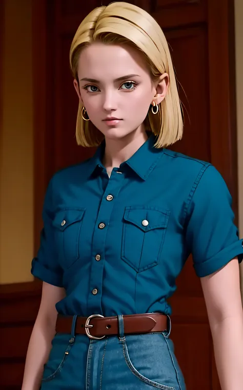 (masterpiece, best quality), realistic version of android18, earrings, denim, belt upper body, focus face, perfect face, emily r...