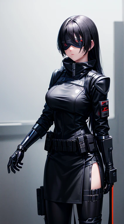 Anime,female, Blindfold,holster, black gloves, utility belt, black cape, black PONYTAILhair,exo suit,one mechanical arm ,black skirt, mechanical parts,special operator,black military tactical armor,cloaks,,latex suit with robotic limbs, in a cyberpunk sett...