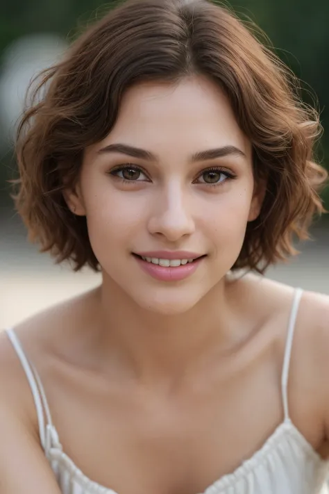 Breathtaking cinematic photo of a 30 year old girl with brown hair and brown eyes, happy, cheerful, big smile with beautiful teeth, beautiful lips, intricate details, shallow depth of field, vignette, highly detailed and high quality Hollywood film budget,...