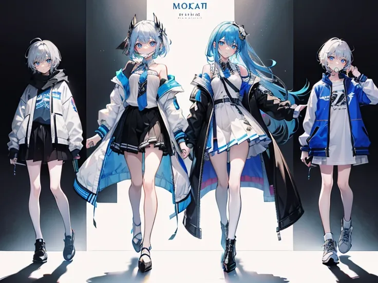 ((Masterpiece, Highest Quality)), Detailed Face, Character design sheet, full - body, blue and black theme, white or silver short hair, inspired by Raana Kaname and Moka Aoba from Bang Dream and Hikari from Arcaea, stylish casual casual modern clothes, jac...