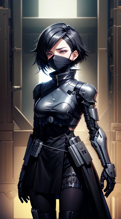 anime,female, blindfold,holster, black gloves, utility belt, black cape, black ponytailhair,exo suit,one mechanical arm ,black s...