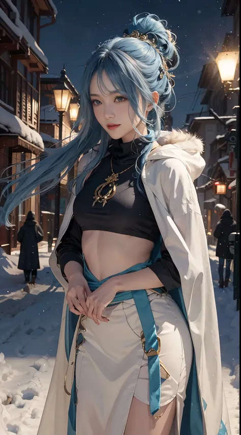 1girll，hoody，fur cape，Blue hair，ssmile，Extra-long hair，cropped shouldereathers hair ornament，城市，the night，snowfield，Blizzard，exteriors，8k，​masterpiece，Winning works，