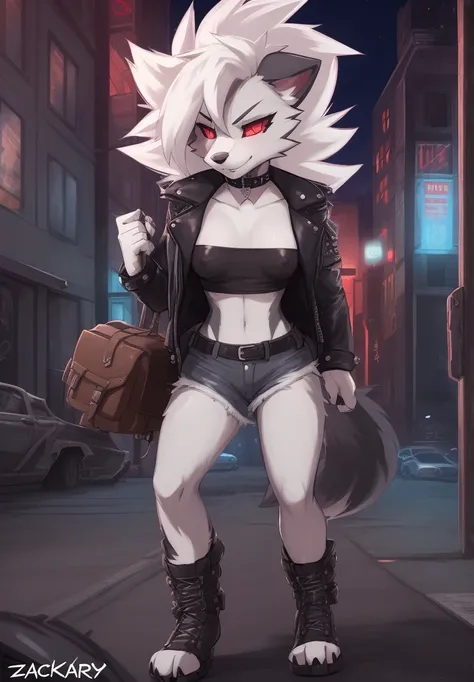 zackary911, by zackary911, anthro, lycanroc, hellhound, ((dark grey fur)), female, solo, 1woman, ((very small breasts)), ((tiny breasts)), denim shorts, husky tail, ((shaggy hair)), ((white hair)), on e621, choker, leather collar, detailed body, finely det...