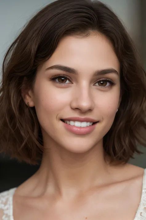 breathtaking cinematic photo of a 30 year old girl with brown hair and brown eyes, happy, cheerful, big smile with beautiful tee...