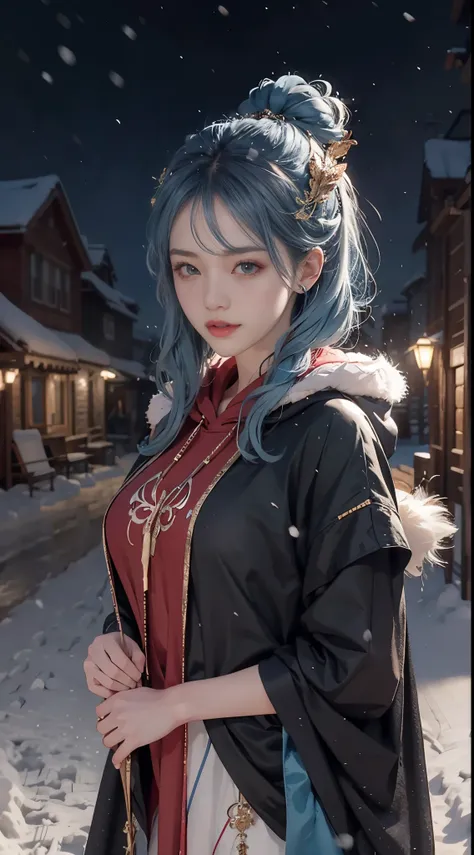 1girll，hoody，fur cape，Blue hair，ssmile，Extra-long hair，cropped shouldereathers hair ornament，城市，the night，snowfield，Heavy snowfall，exteriors，8k，​masterpiece，Winning works，