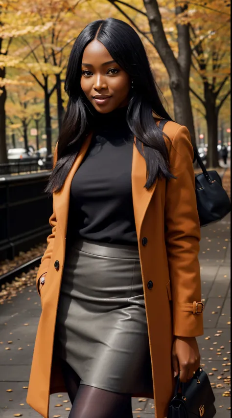 Foto hiperrealista en primer plano de Naomi Campbell, masterpiece, best quality, (photorealistic:1.4), full body, (dark orange autumn coat over black blouse:1.1), (gray midi mdid skirt:1.2), (black delicate delicate tights:1.2) heels, in the New York Centr...