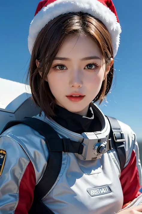 top-quality、​masterpiece、超A high resolution、(realisitic:1.4)、Beautuful Women１、Beautiful detail eyes and skin、ssmile、Light brown short-cut hair、The perfect spacesuit、spaceships、santa hat、weak sunshine、cloudy ash sky、snow star、