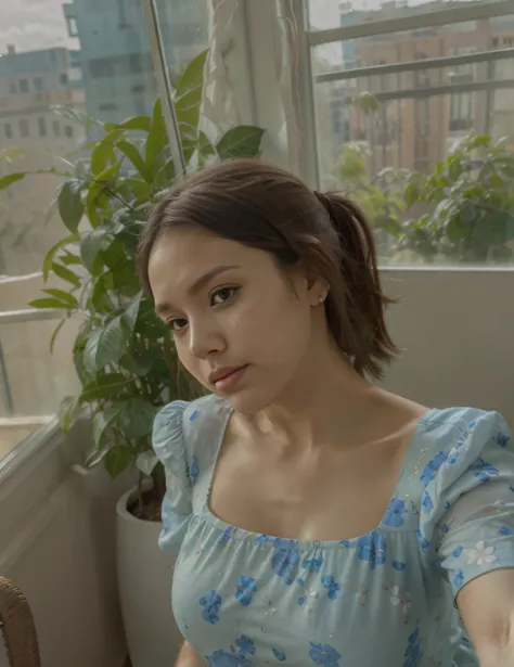 young happy mexican brunette woman sitting on a balcony with a plant in the background, profile pic, profile image, pretty floral dress, c cup breasts cindy avelino, selfie of a young woman,8k selfie photograph, lofi portrait at a window, profile photo, ph...