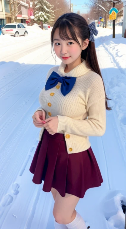 bit girl，kawaii，a skirt，18yr old，issuance，cute big breasts，snow landscape，the street，Super cute，Bow knot，Create the cutest little girl