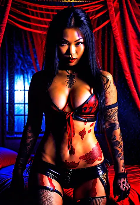 best quality ,magnificent, dark shadowy night, gothic mansion bedroom illuminated by a single candle beautiful gothic Asian vampire woman with yakuza style tattoo all over her body wearing black and red leather thong bikini and black fishnet stockings with...