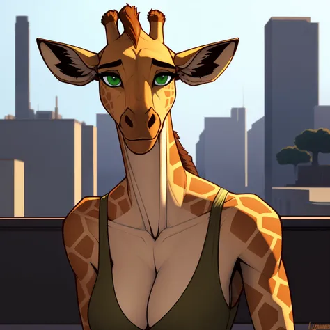 Very_Tall_Lanky_athletic_giraffe female khaki_furry_body faded_green_eyes sportra solo giraffe_snout Masterpiece best_quality absurdres highly_detailed cleanly_drawn_eyes anthro_only by_claweddrip, by_greasymojo, by_underscore-b, by_runawaystride