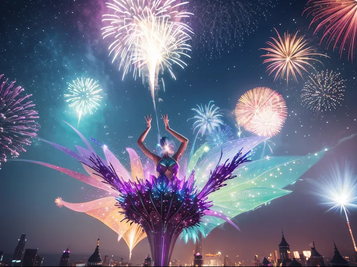 Blend fantasy and reality as 3D fireworks merge with ethereal fractal creatures, symbolizing the seamless transition from one year to the next.