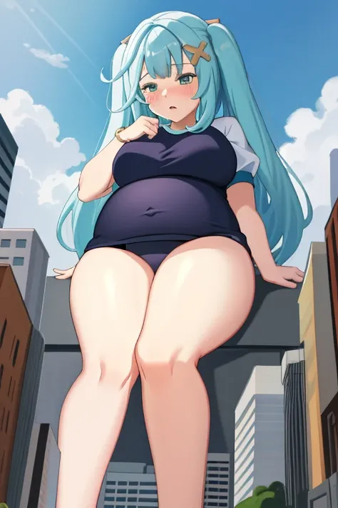 Giant maiden，Moe two-dimensional style，Pregnancy status，Round belly，Gaze at the bustling city, Lying down, Burp, Burping, Loud burp, Really loud burp, Loud burps, Rumbling belly, Embarrassed, Gym clothes, Full body