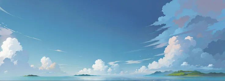 There  a painting of Bali seascape，In the background are the sky, Detailed landscape map, Nice clouds，Ultimate depth of field，extreme hight detail，anime landscape wallpapers, anime realistic scenery, Anime Sky, Blue sea. anime realistic scenery, Anime back...