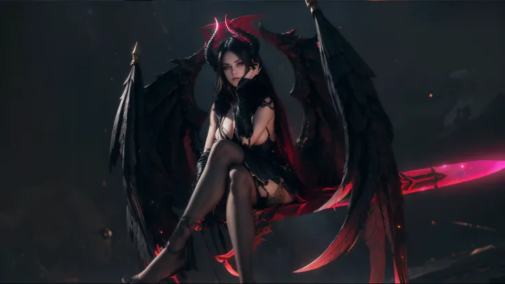 beautiful evil demoness, sitting on a large sword, with (wings) pa (Horns), sexy dress, ( 8K quality ), ( The best quality at its best ), ( Ultra-HD ), ( Full character anatomy ), ( perfect light ), ( perfect details ), The clothes, perfect and tender fema...