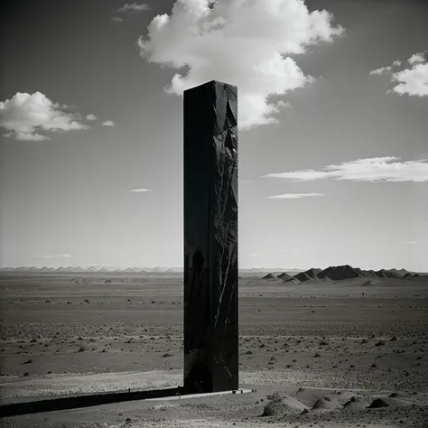 Gigantic  pitch black marble monolith in far far distance in a desert extremely high standing higher than the clouds, 10 times higher than its width and hight, 1970s existential dread Stanley kubrik style 2002 a space Odyssey Esq grainy retro camera style