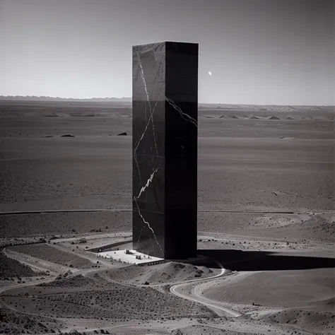 Gigantic  pitch black marble monolith in far far distance in a desert extremely high standing higher than the clouds, 10 times higher than its width and hight, 1970s existential dread Stanley kubrik style 2002 a space Odyssey Esq grainy retro camera style