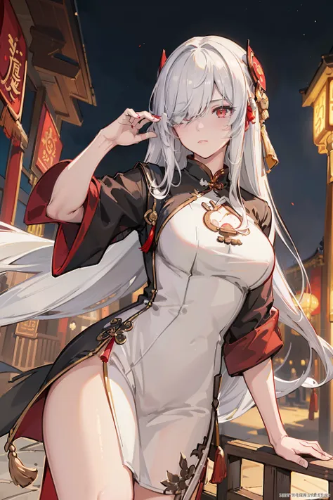 (best quality:1.3), (masterpiece:1.3), (illustration:1.3), (ultra-detailed:1.3), ((best quality)), 1girl, white hair, (((china d...