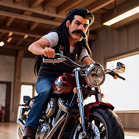 Biker with long black hair and Hogan like mustache