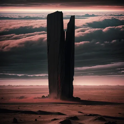 Gigantic  pitch black marble monolith, in far far distance in a desert extremely high standing higher than the clouds, 10 times higher than its width and hight, with Portal to another dimension with blood red clouds and dark skies, 1970s existential dread ...