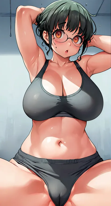 (Perfect body),Best Quality,(8K Portrait),(Official art)、((NSFW))、(((huge-breasted)))、fatness、((Shorthair))、blush,((Dark hair)),(Sweat),((Grey Sports Bra))、((Gray sports panties))、(Armpits)、((Hands behind the head))、1girl in,((:o))、Hot、Training room、eye gl...