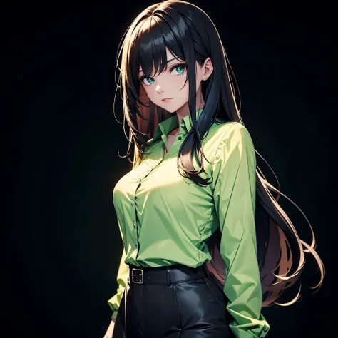 Black background, Woman with long hair, Create an office look with a green blouse