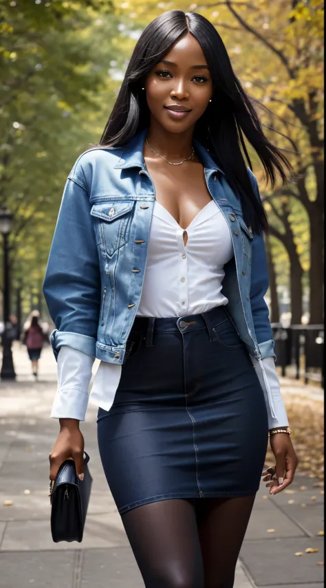 Foto hiperrealista en primer plano de Naomi Campbell, masterpiece, best quality, (photorealistic:1.4), full body, (blue jeans jacket over white blouse:1.1), (blue jeans midi skirt:1.2), (black delicate tights:1.2) heels, in the New York Central Park, sunny...